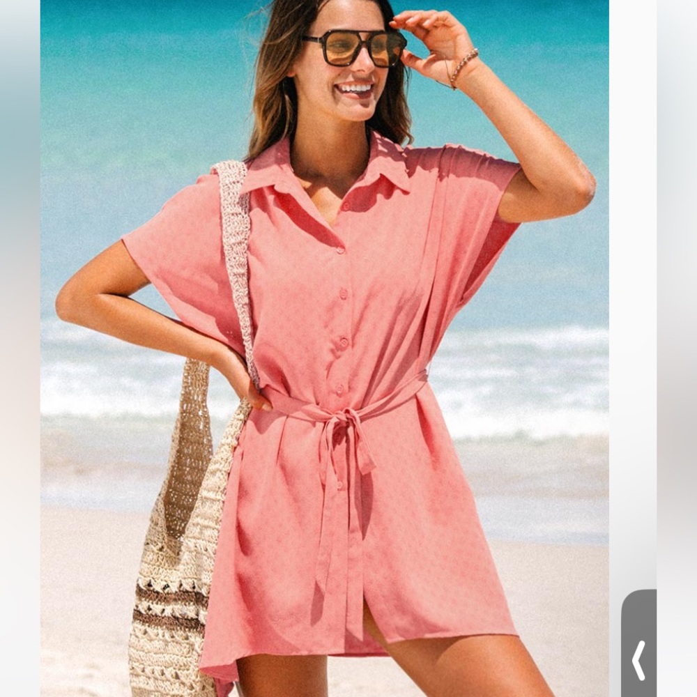 Brightly-colored coral button-down midi length dress